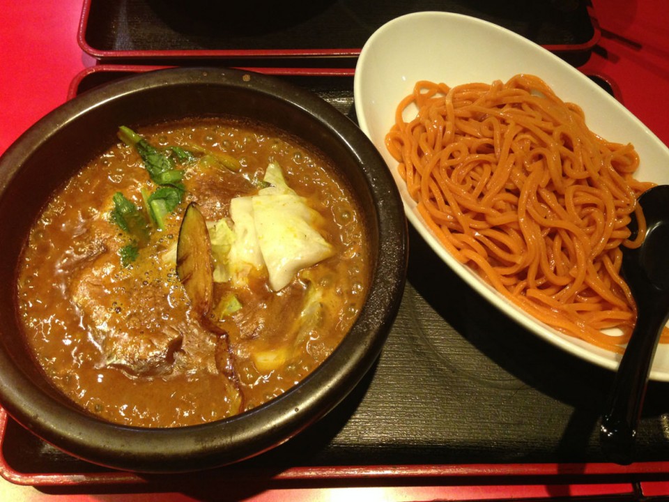Curry Tsukemen with red chili noodles