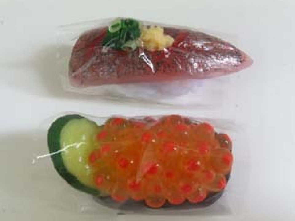 Two of my favourite (fake) sushi: Aji (mackerel) and Ikura (Salmon Roe)